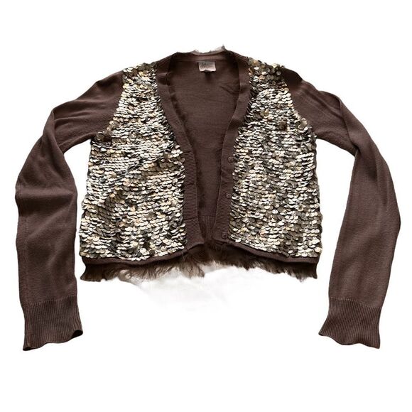 Anthropologie John & Jenn taupe brown sequin cropped cardigan sweater S - Picture 1 of 13